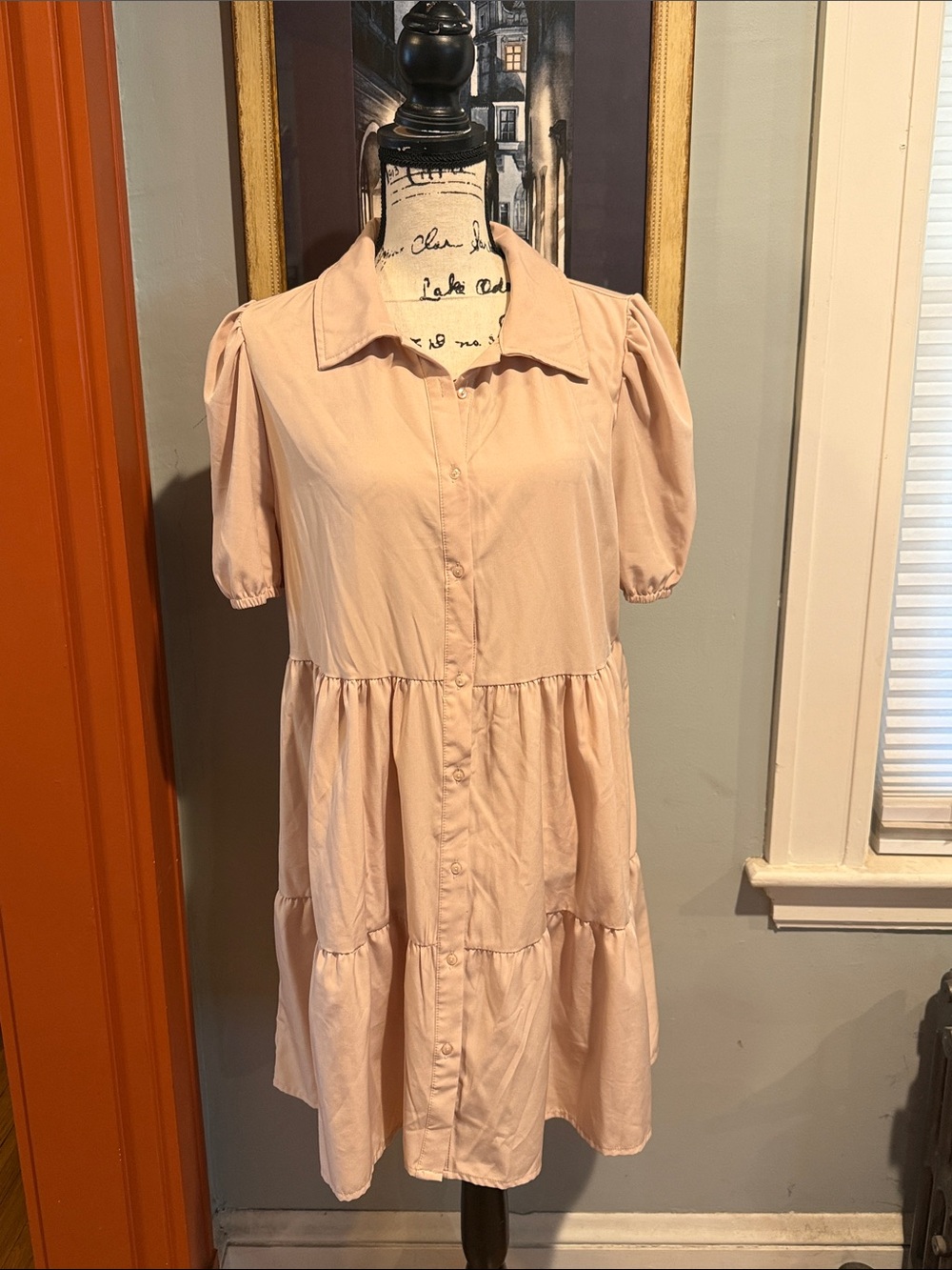 SHEIN Light Beige Button-Front Tiered Dress (L)